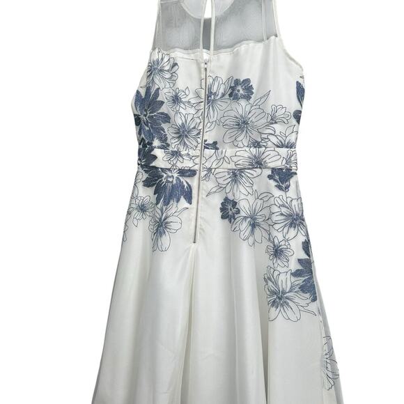 J Taylor white mesh embroidered blue flowers midi fit & flare dress. Size-12 - Picture 4 of 7